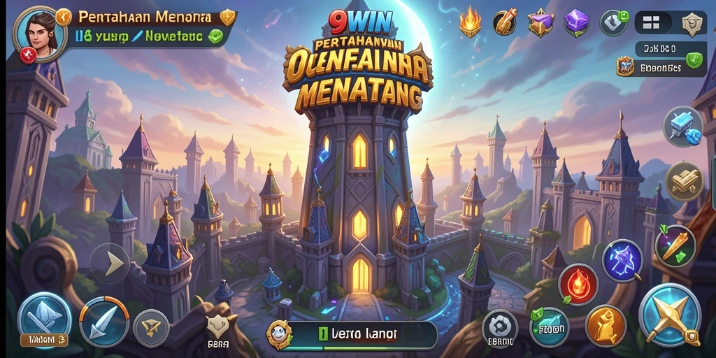 Screenshot utama 9WIN menampilkan gameplay Tower Defense yang intens.