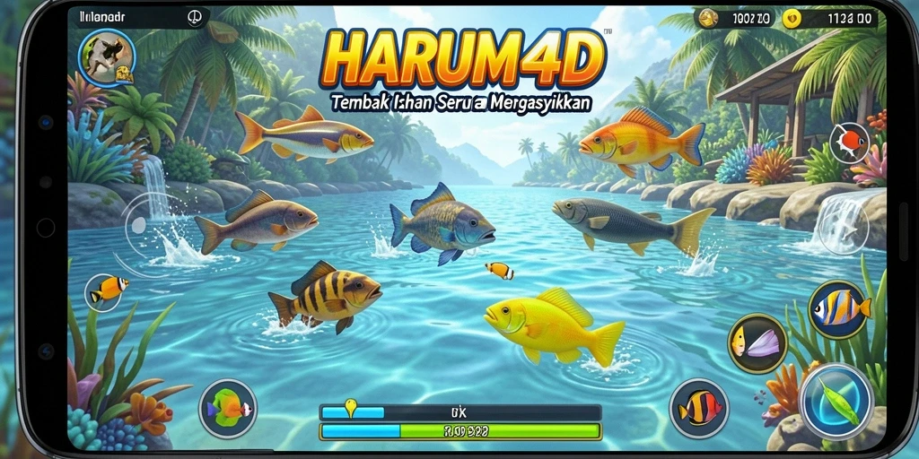 Tampilan gameplay seru di HARUM4D dengan ikan berwarna-warni.