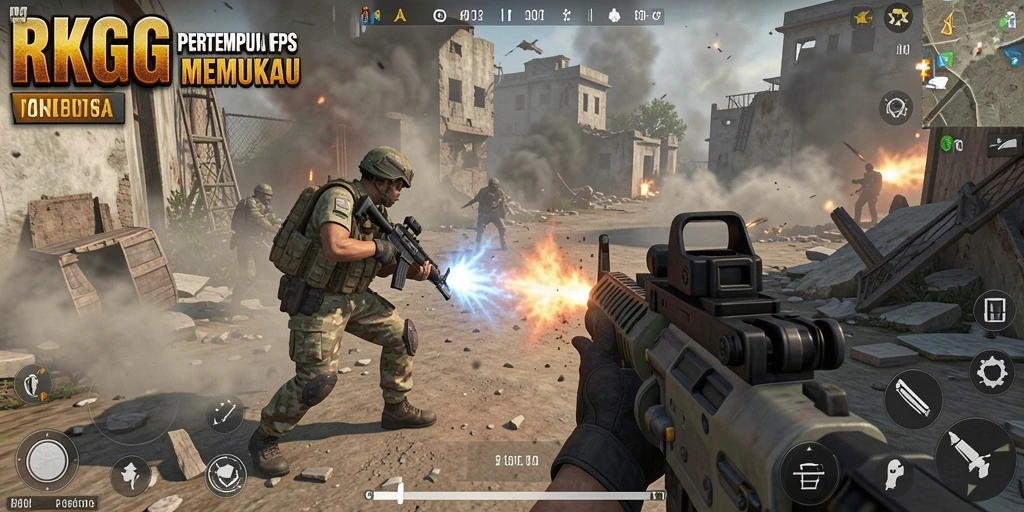 Screenshot gameplay RKGG menampilkan pertempuran FPS yang mendebarkan.