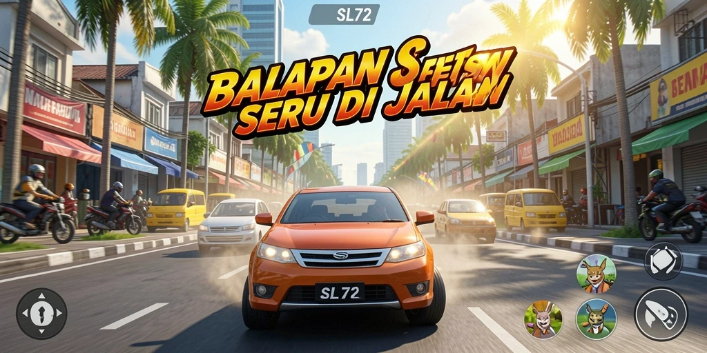 Screenshot SL72 menampilkan mobil balap melaju kencang di lintasan.