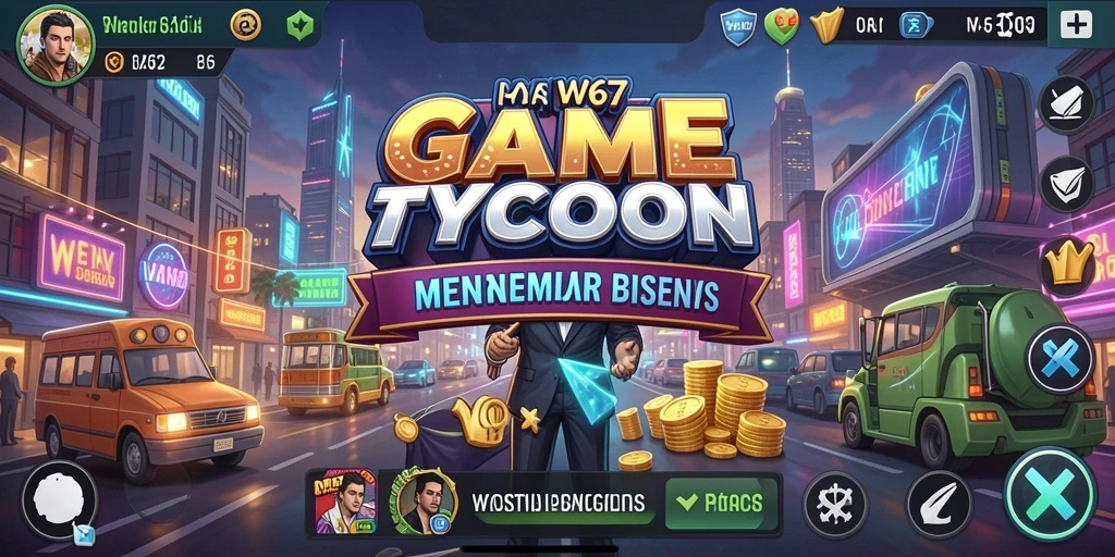 Tampilan gameplay W67 yang menunjukkan strategi bisnis yang dinamis.